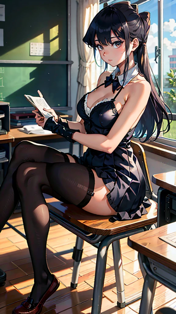 komiShouko, masterpiece, best quality, absurdres, 1girl, looking at viewer, v arms, pantyhose, classroom, No clothes, Lingerie, underwear, window, sitting, chair, crowd