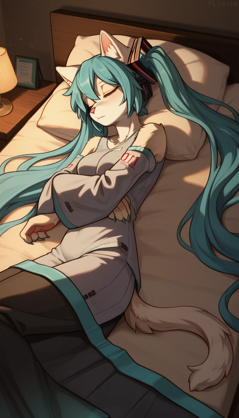 Unexpressive, 1girl, anthro, furry, fur, fluffy fur, Hatsune Miku, white fur, white body, cat girl, closed eyes, (19 years), medium breast, thicc thighs, solo, (bedroom), (night), detailed, laying on bed, sleeping, relaxed, tired, unconcious, score_9, score_8_up, score_7_up, score_6_up, score_5_up, score_4_up