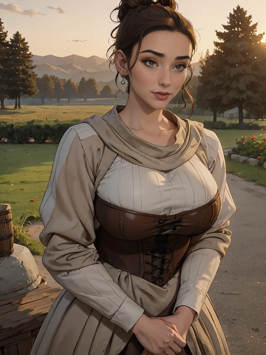 Gorgeous and sultry busty athletic (thin) brunette peasant with sharp facial features wearing a modest updo, messy bun, medieval cap, (wimple), shawl, coarse wool dress, rough-spun grey and brown medieval dress, long sleeves, wide neck, long dress, tight bodice, corset, Middle Ages, cottage, farm, exterior, trees, countryside, evening, sunset.