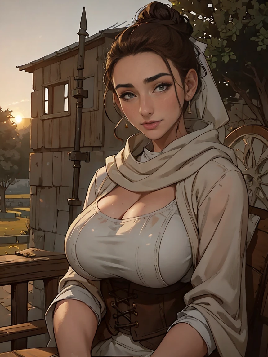 Gorgeous and sultry busty athletic (thin) brunette peasant with sharp facial features wearing a modest updo, messy bun, medieval cap, (wimple), shawl, coarse wool dress, rough-spun grey and brown medieval dress, long sleeves, wide neck, long dress, tight bodice, corset, Middle Ages, cottage, farm, exterior, trees, countryside, evening, sunset.