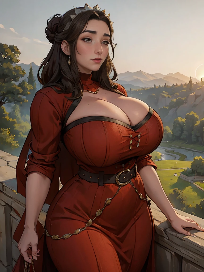 Gorgeous and sultry busty athletic (thin) brunette queen with sharp facial features wearing a modest updo, dark red medieval dress, long sleeves, loose sleeves, intricate patterns, embroidery, wide neck, crown, veil, long fitted dress, tight bodice, shawl, (waist belt chain), medieval jewelry, Middle Ages, castle, rampart, wall, exterior, on top of a castle wall, trees, countryside, evening, sunset. large breasts.