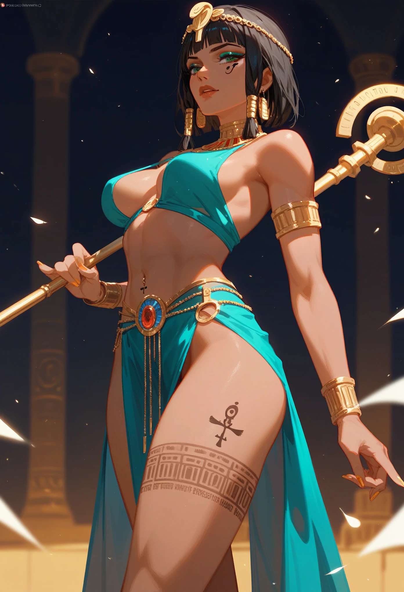(Fraction_9,Fraction_8_Direction_7_up), ((A woman))(Close shot),Cleopatra,Pharah,egyptian runes,Scepter,dark magic,Tattoo on leg,