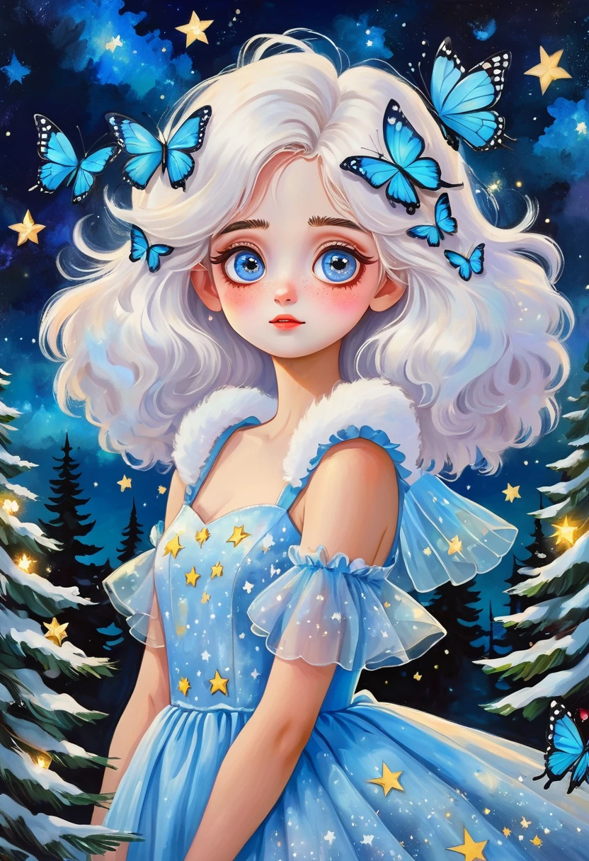 Collage oil painting:Girl Portrait,Big eyes with stars in them,White fluffy hair,There is a pine tree on my shoulders,Princess dress,Butterflies in the sky,Luminescence