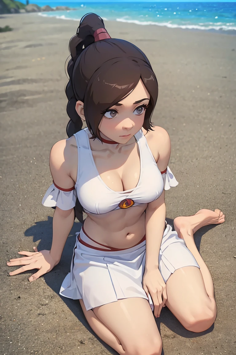 tylee, 1girl, white clothes, full body, sitting, navel, belly, drawing, 2d, cute, cleavage, legs, skinny, sexy, beach, looking away, dutch shot from above