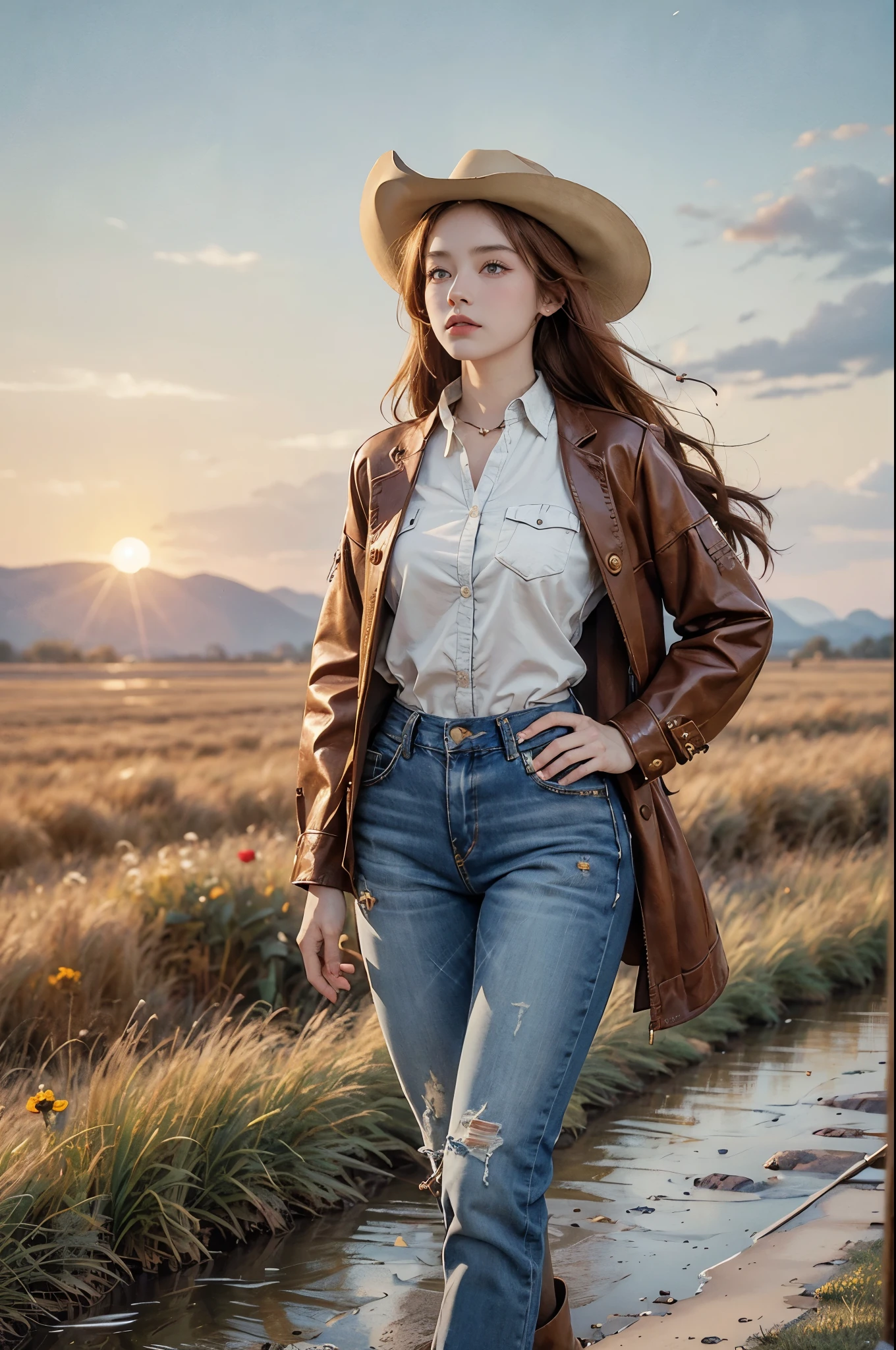 (((best quality))),(((ultra detailed))),(((masterpiece))),illustration,1girl,cowgirl,redhead,sun-kissed skin,leather cowboy hat,dark blue button-down shirt,embroidery,well-fitted jeans,brown leather boots,delicate silver locket,plains,wildflowers,swaying grass,lazy river,sunset,golden glow,silhouette,wind,,pioneer,indomitable spirit,Wild West