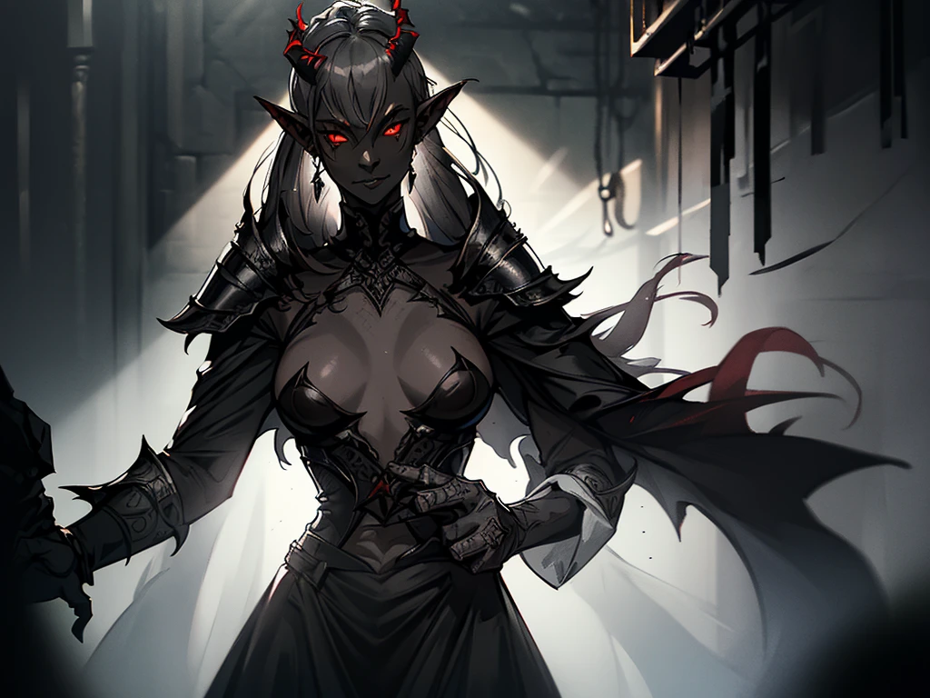 1girl, horror, dark elf princess, elden ring, (dark grey skin:1.5), true white long ponytail, ((perfect red eyes)), elf ears, earrings, detailed blood, highly detailed mechanical horns, (small breasts), ((black gothic prom dress)), wearing black fur cloak, bone armor, skull armor, volumetric lighting, ethereal fog, dark background, ultrasharp, best quality, masterpiece, realistic, anatomically correct, (strong cinematic lighting), ((rim lighting)), stunning details, intricate details, 8k post-production, high resolution, super details, sharp focus, depth of field f/1.8, studio photos, (((looking at camera)))