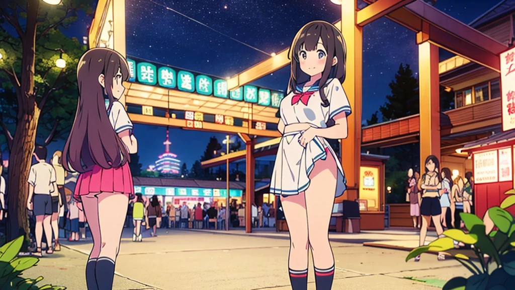 {of the highest quality], [Super beautiful], [Ultra Fine], [best illustration], NSFW,Brown hair, hime cut, by the wide, with bangs, Girl,high school student,uniform,weave,short sleeve,Skirt,smile, blush, Thin women, adult women,standing posture,(public),night park,summer festival,diagonal, Navy Blue Knee High Socks,black bread