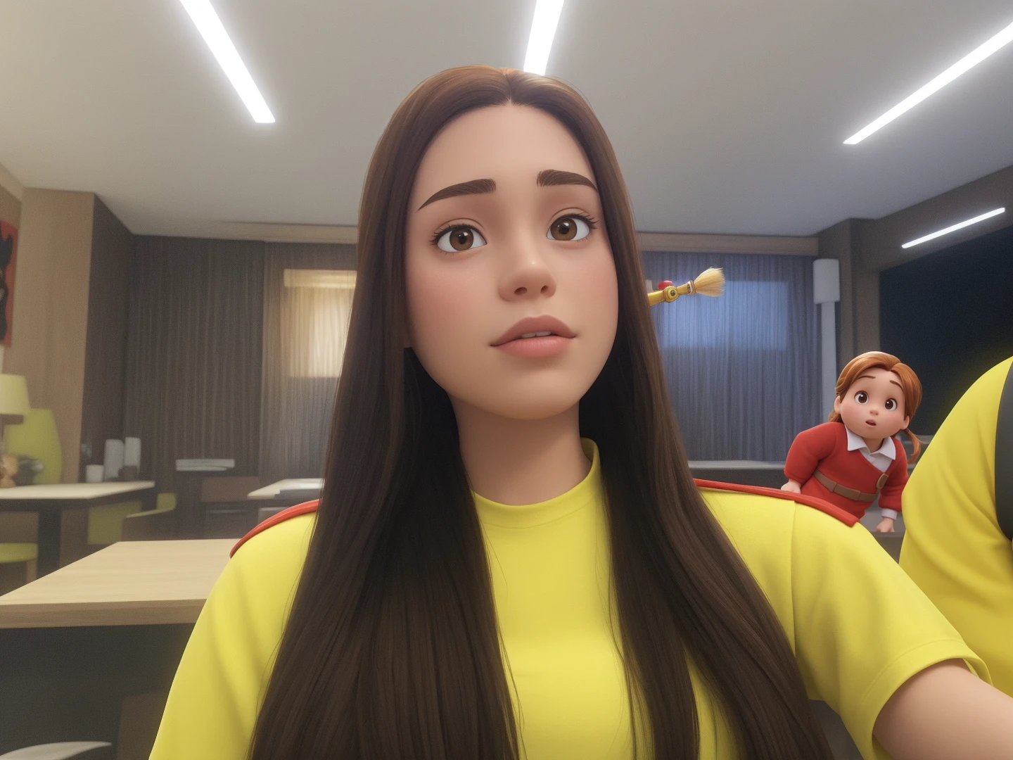 A blond-haired and light-skinned woman dressed red with her brown-haired baby with white shirt and suspenders. Estilo Disney pixar alta qualidade melhor qualidade