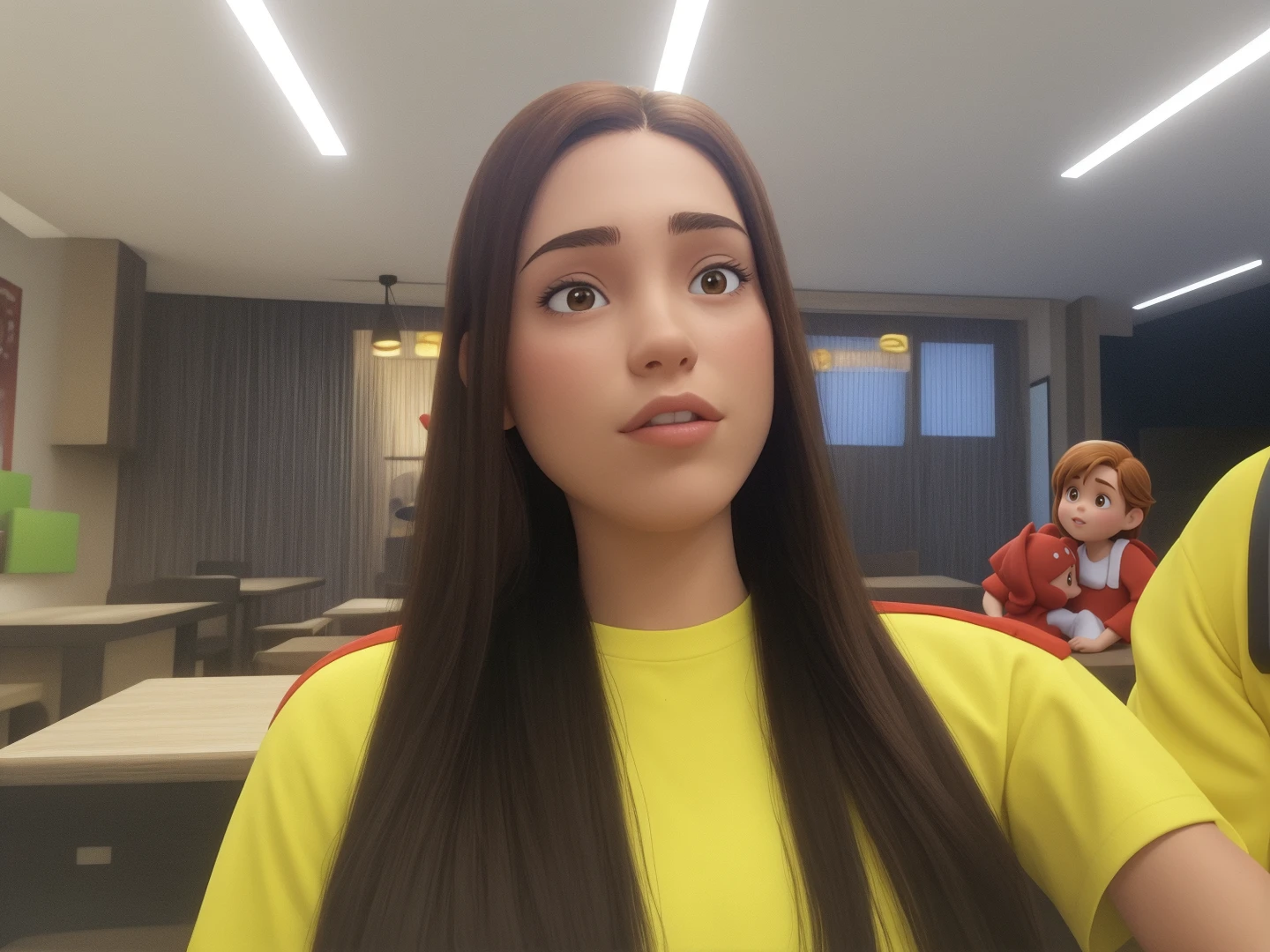 A blond-haired and light-skinned woman dressed red with her brown-haired baby with white shirt and suspenders. Estilo Disney pixar alta qualidade melhor qualidade