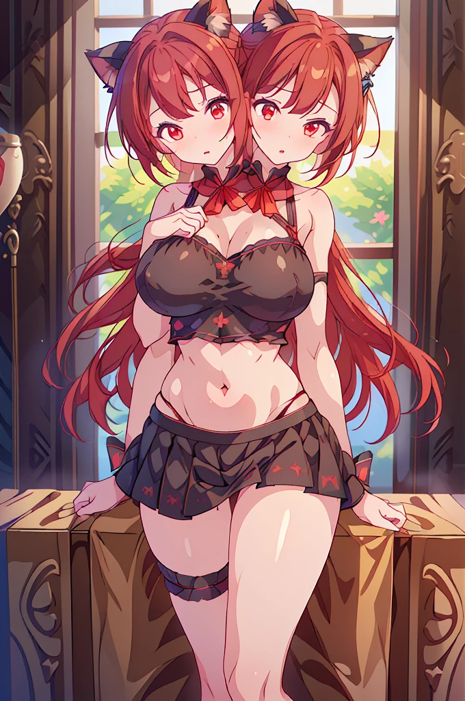 (masterpiece, best quality), best quality, (ultra-detailed), (3heads:1.5), 1girl, (kaenbyou rin:1.3), masterpiece, best quality, ultra quality, ultra resolution, ultra detail, black top, crop top, ((stomach)), midriff, ((groin)), black skirt, normal ears, shackles, red hair, very long hair, wavy hair, sidelocks, dark red eyes, parted lips, sweat, cute, toned belly, hand on own chest, eyelashes, (25 year old woman:1.3), (masterpiece:1.5), (best quality:1.5), (beautiful detailed eyes), extremely detailed CG, extremely delicate and beautiful, depth of field, (finely detailed face), (perfect details:1.2), (mature female:1.3), wide pelvis, slender, large veiny breast, 16k resolution, highres, high quality, high definition, extremely detailed, masterpiece, best quality, red hair, long hair, alluring presence, twin braid, short skirt, close up, very big tits, huge tits, young, cat girl, black cat ears, neko girl, girl with three heads, three headed girl, ((redhead)),