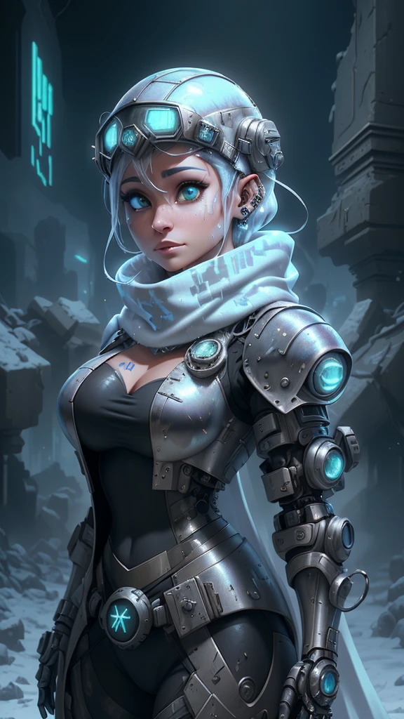 (The best quality,A high resolution,ultra - detailed,actual),Ariana Grande wearing a helmet and a scarf with a camera attached to it, dystopian sci-fi character, cyberpunk statue, cyberpunk nun warrior, (dystopian scifi gear:1.4) , scifi character, sci - fi character, hyper-realistic cyberpunk style, cyberpunk helmet, (fashionable cyberpunk mechanoid:1.4) , zbrush central contest winner, cyberpunk style , hyperrealistic, ,(Ruined dungeon ruins background:1.4 ), epic fantasy art style hd, 4K fantasy art, epic fantasy digital art style, epic fantasy art style, Fantasy Woman, epic fantasy art portrait, Epic fantasy style, hyperrealistic fantasy art, hd fantasy art, epic fantasy character art, epic fantasy art, in style of dark fantasy art, epic fantasy digital art, (cinematic lighting :1.4),( face detailed :1.4),( Ariana Grande :1.4),( He has a camouflage white military helmet plomo metallic :1.4), (fondo nieve congelado cayendo :1.4),( piedras grandes congelado hielo :1.4)