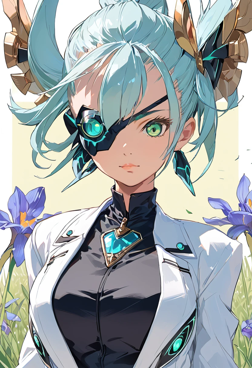 Mikumari \(Xenoblade\)masterpiece, Highest quality, ((1 person)),Blue Hair,Green Eyes,Serious expression, smile,Upper Body,Line art,Medium Hair,White blazer,Black T-shirt,Big Breasts,Bunhead,Black Mask, Expressionless eyes,((Kubo Obito Style)) Detailed face, Face Focus, Are standing, Black Hair,(hair ornaments:1.35),office lady, Sleeves edged with ribbon, Removable sleeves, Ribbon trim, Wide sleeves, (View your audience:1.5) Long Hair, iris, bangs, lips,grassland