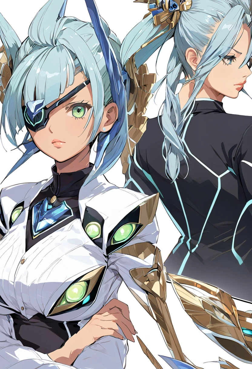 Mikumari \(Xenoblade\)masterpiece, Highest quality, ((1 person)),Blue Hair,Green Eyes,Serious expression, smile,Upper Body,Line art,Medium Hair,White blazer,Black T-shirt,Big Breasts,Bunhead,Black Mask, Expressionless eyes,((Kubo Obito Style)) Detailed face, Face Focus, Are standing, Black Hair,(hair ornaments:1.35),office lady, Sleeves edged with ribbon, Removable sleeves, Ribbon trim, Wide sleeves, (View your audience:1.5) Long Hair, iris, bangs, lips,grassland