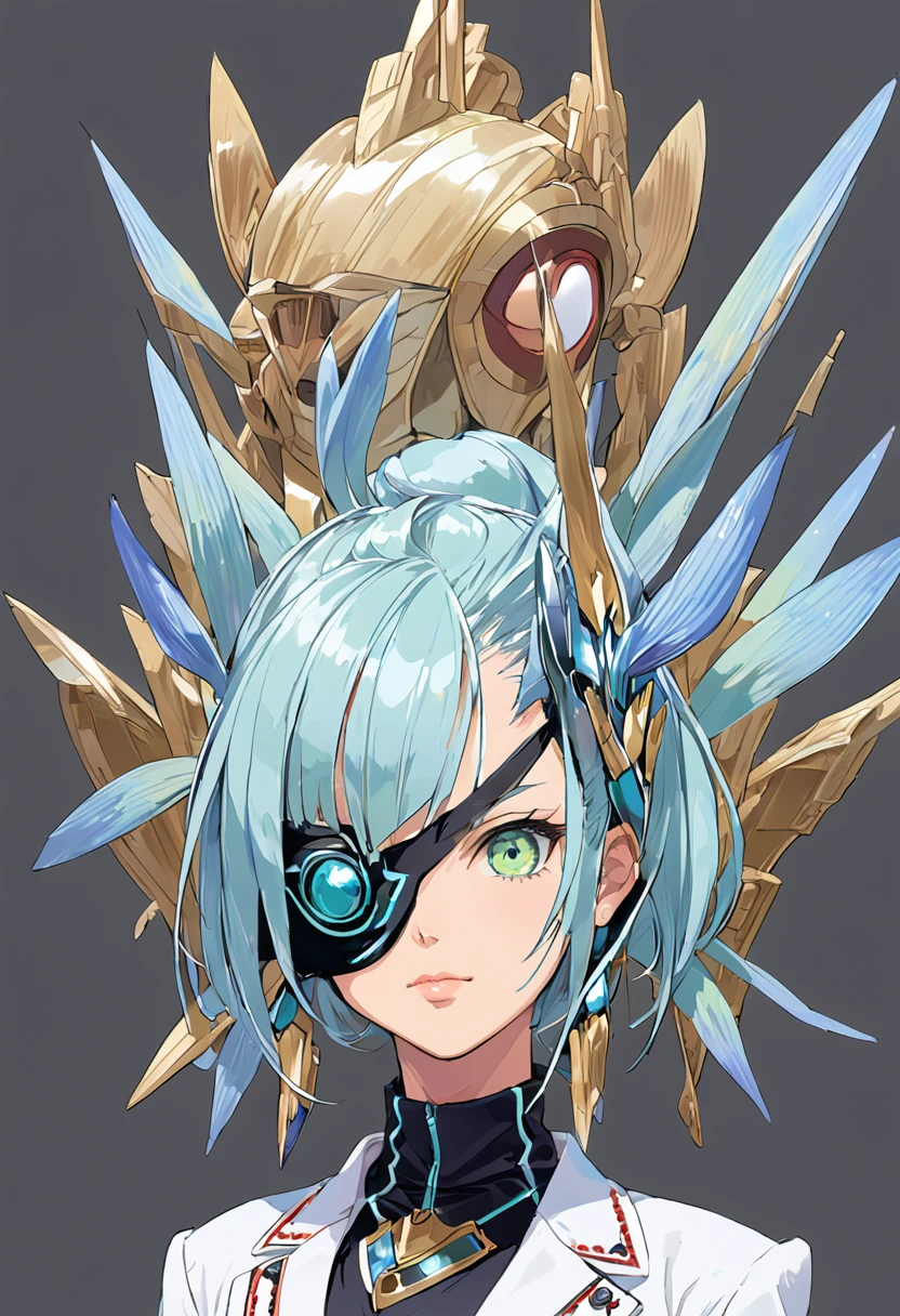 Mikumari \(Xenoblade\)masterpiece, Highest quality, ((1 person)),Blue Hair,Green Eyes,Serious expression, smile,Upper Body,Line art,Medium Hair,White blazer,Black T-shirt,Big Breasts,Bunhead,Black Mask, Expressionless eyes,((Kubo Obito Style)) Detailed face, Face Focus, Are standing, Black Hair,(hair ornaments:1.35),office lady, Sleeves edged with ribbon, Removable sleeves, Ribbon trim, Wide sleeves, (View your audience:1.5) Long Hair, iris, bangs, lips,grassland