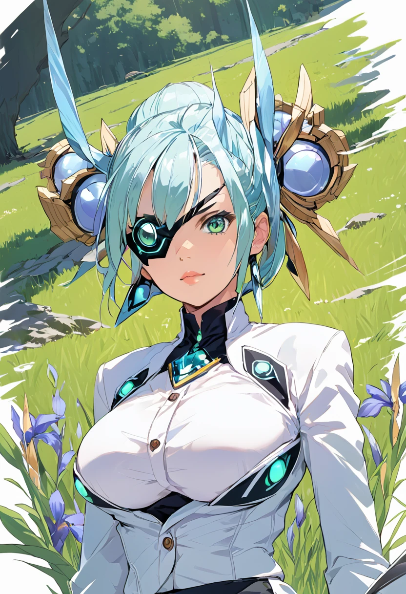 Mikumari \(Xenoblade\)masterpiece, Highest quality, ((1 person)),Blue Hair,Green Eyes,Serious expression, smile,Upper Body,Line art,Medium Hair,White blazer,Black T-shirt,Big Breasts,Bunhead,Black Mask, Expressionless eyes,((Kubo Obito Style)) Detailed face, Face Focus, Are standing, Black Hair,(hair ornaments:1.35),office lady, Sleeves edged with ribbon, Removable sleeves, Ribbon trim, Wide sleeves, (View your audience:1.5) Long Hair, iris, bangs, lips,grassland