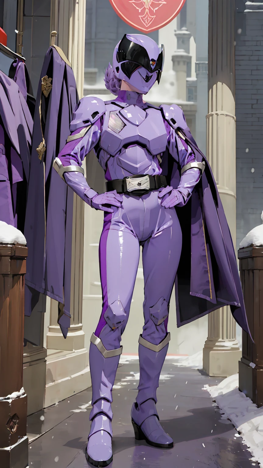 (Very fine fine touch:1.2), masterpiece, Highest quality, High quality and perfect face, Solo 1 Girl Papillion Auger, Helmet, Cape, armor, belt, Bodysuits, purple Cape, purple Bodysuits, gloves, Purple footwear, buckle, Hands on hips, snow,