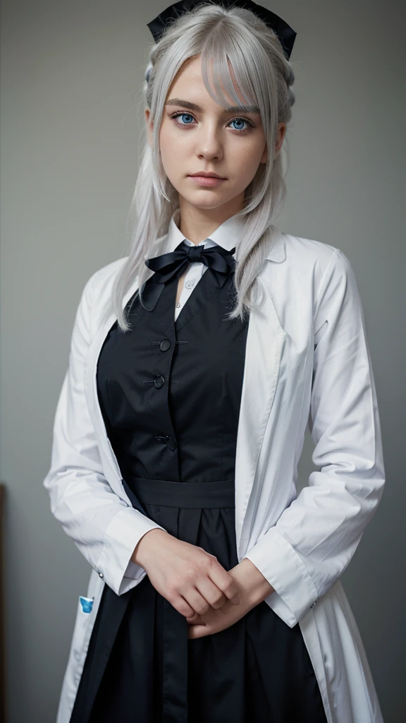 white haired girl blue eyes,maid suit with black color and roko details, blue ribbon in hair, the girl's pose is thin and flat,with the appearance of a girl who seems innocent, with a small face