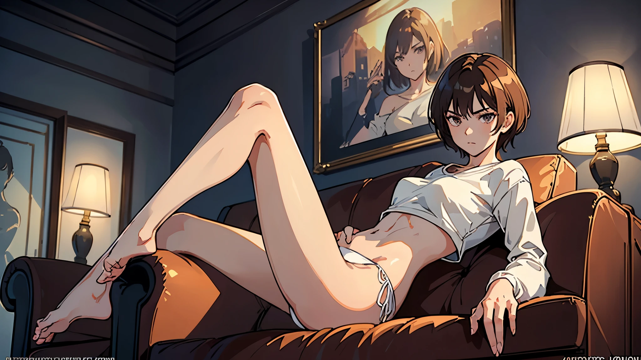 a beautiful girl, slender, boyish, handsome short hair, brown hair, (wear a white long-sleeved T-shirt), (white bikini panties) , Perfect hands, Perfect body, reclining, lying on a sofa, body facing up, legs retracted touching the sofa, , throw one's leg over the arm of the chair, (barefoot), ((two legs)), ((looking away)), relaxing, seduction, room, midnight, ((Exquisite detail)), Very finely crafted fingers(((10 fingers))), (full body showcase), (Show your whole body), (No logos on background), (No logo), (from below)
, feet focus, dynamic angle, high resolution, official art