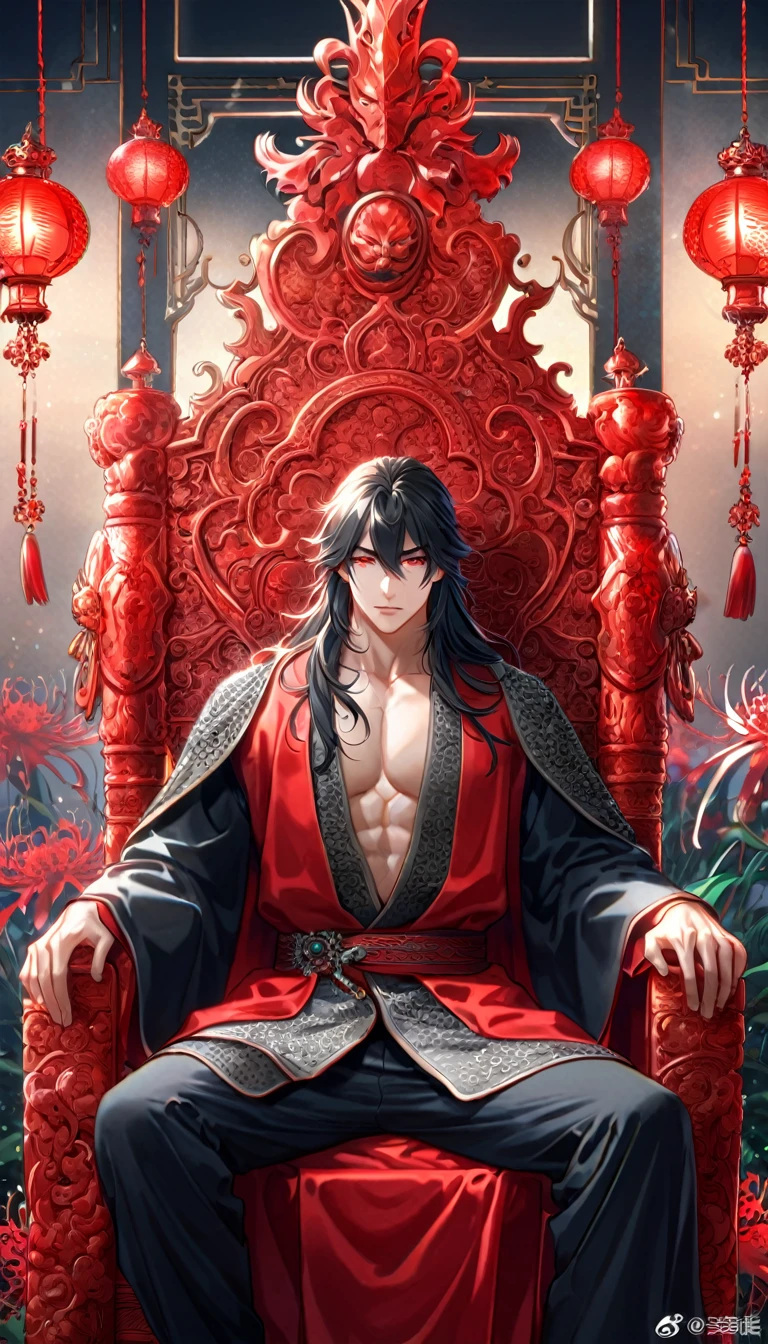 absurdres, highres, ultra detailed, HDR, master piece, best quality, extremely detailed face, delicated features, Xue Yu, untamed spiky hair, black hair, long hair, hair between the eyes, expressive red eyes, Thousand Years War, solo, sexy man sitting, handsome, toned chest, black haori, red fantasy robes, black pants, room, throne, emperor, magical, red spider lilies, red lanterns, red floating round lights, Chinese ambiance