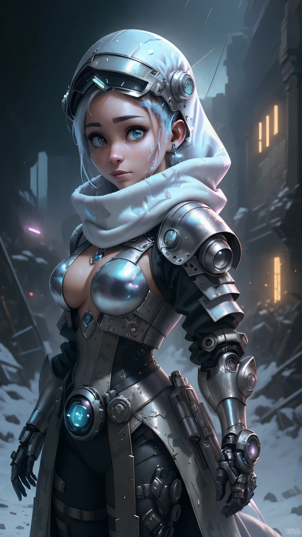(The best quality,A high resolution,ultra - detailed,actual),Ariana Grande wearing a helmet and a scarf with a camera attached to it, dystopian sci-fi character, cyberpunk statue, cyberpunk nun warrior, (dystopian scifi gear:1.4) , scifi character, sci - fi character, hyper-realistic cyberpunk style, cyberpunk helmet, (fashionable cyberpunk mechanoid:1.4) , zbrush central contest winner, cyberpunk style , hyperrealistic, ,(Ruined dungeon ruins background:1.4 ), epic fantasy art style hd, 4K fantasy art, epic fantasy digital art style, epic fantasy art style, Fantasy Woman, epic fantasy art portrait, Epic fantasy style, hyperrealistic fantasy art, hd fantasy art, epic fantasy character art, epic fantasy art, in style of dark fantasy art, epic fantasy digital art, (cinematic lighting :1.4),( face detailed :1.4),( Ariana Grande :1.4),( He has a camouflage white military helmet plomo metallic :1.4), (fondo nieve congelado cayendo :1.4)