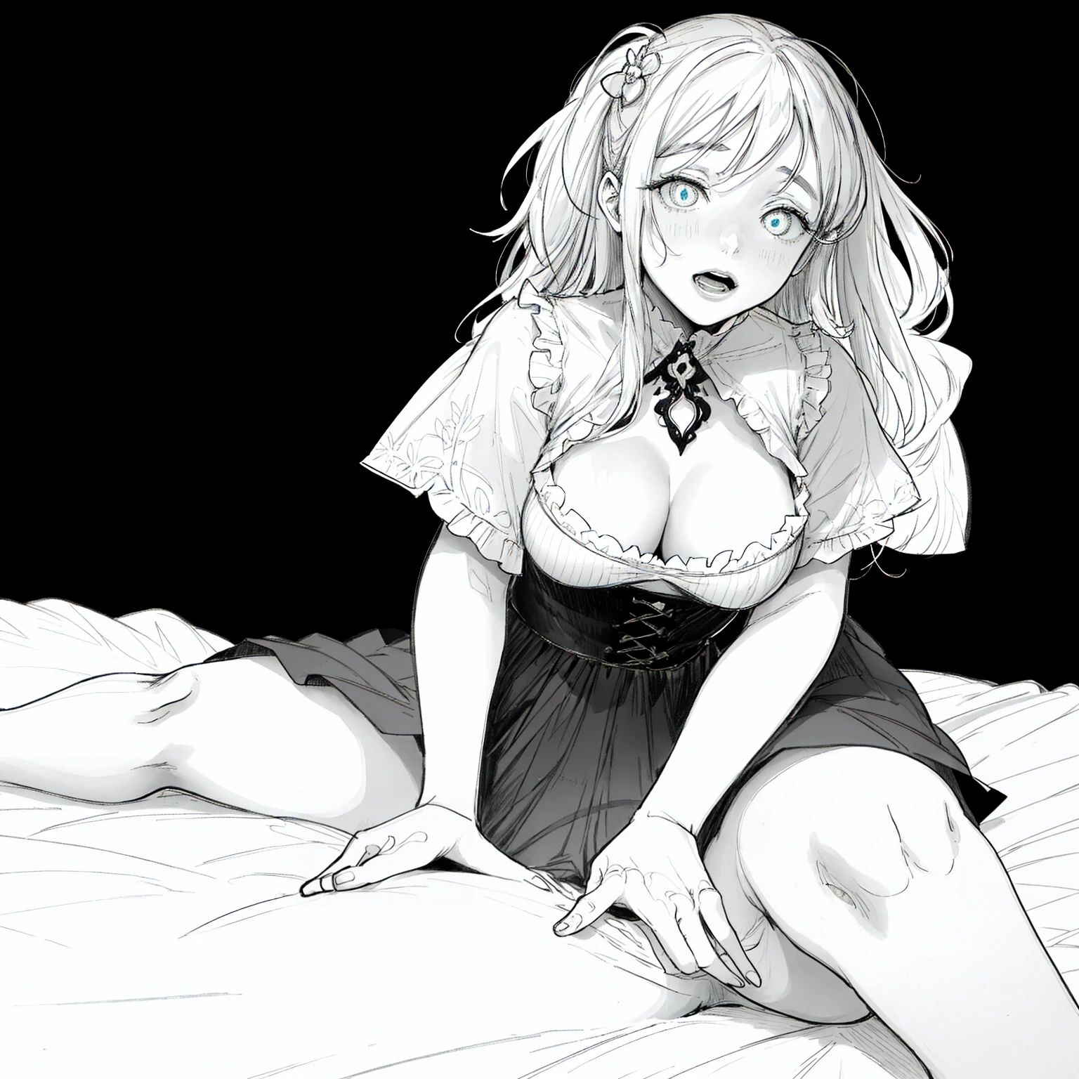 1girl in,line-drawing,monochromes,sketch,Pencil drawing,Traditional Media,1girl in, (Illustration:0.8), (Beautiful detailed eyes:1.6), extra detailed face, Perfect Lighting, extremely details CG, (Perfect hands, Perfect Anatomy)、NSFW,(tempter, cleavage),Cowgirl ,girl on top,Straddling,SUI,bed),(Spread legs),(Squatting,Open legs),(open mouth)