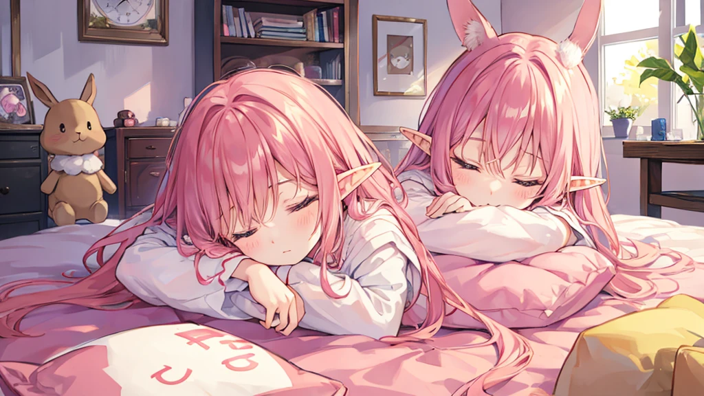 Rabbit Mimi、Chibi Elf Pink Room、Relaxing in a cute room、afternoon nap、Sleepy face