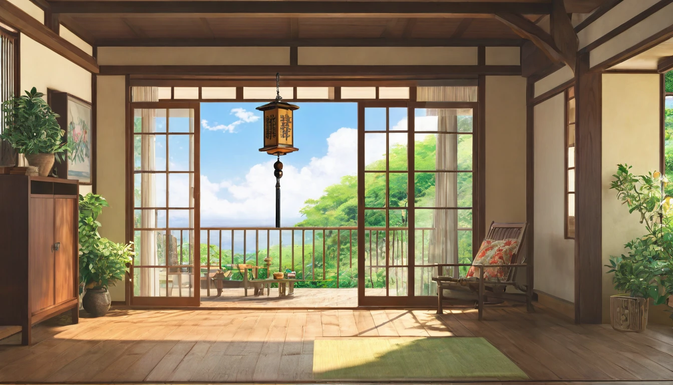 summer,Inside the house,Veranda,sunny,Ghibli-style paintings,Japan wind chimes,Highest quality, 8k, High resolution, masterpiece:1.2, Very detailed, Realistic:1.37, High resolution, 超High resolution, Very detailed, Professional, Vibrant colors