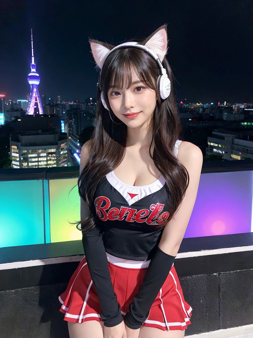 Full body photo、whole、最high quality, masterpiece, 32K、Very detailed、Realistic、1 girl, Japanese women、Cute Face, (photo Actual:1.3), Edge lighting, (Skin with attention to detail:1.2), 8k超High resolution, Single-lens reflex camera, high quality, High resolution, 4K, 8k, Optimal ratio of four fingers to one thumb, (Actual:1.3), smile、自然なsmile、Baseball Cheerleader Costumes(black、Red line design、Japanese professional baseball cheerleaders)、Cat ear headphones(ピンク色のネオンCat ear headphones)、cute 1 girl, Realistic、Super Realistic、32K、Very detailed、masterpiece, 最high quality, beautiful girl, beauty、 Mecha, Beautiful lighting, Sitting,Cyber Neon、Future City、Skyscraper、City Night、Shanghai、Metropolis、Night view、綺麗なNight view