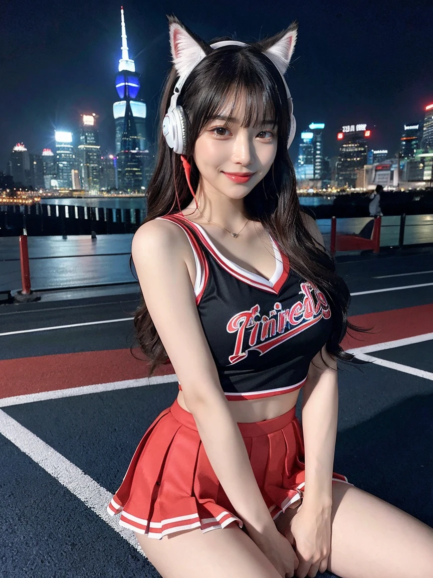 Full body photo、whole、最high quality, masterpiece, 32K、Very detailed、Realistic、1 girl, Japanese women、Cute Face, (photo Actual:1.3), Edge lighting, (Skin with attention to detail:1.2), 8k超High resolution, Single-lens reflex camera, high quality, High resolution, 4K, 8k, Optimal ratio of four fingers to one thumb, (Actual:1.3), smile、自然なsmile、Baseball Cheerleader Costumes(black、Red line design、Japanese professional baseball cheerleaders)、Cat ear headphones(ピンク色のネオンCat ear headphones)、cute 1 girl, Realistic、Super Realistic、32K、Very detailed、masterpiece, 最high quality, beautiful girl, beauty、 Mecha, Beautiful lighting, Sitting,Cyber Neon、Future City、Skyscraper、City Night、Shanghai、Metropolis、Night view、綺麗なNight view