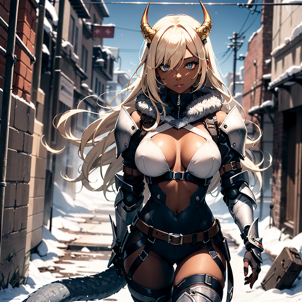 ((best quality)), ((masterpiece)), (detailed), 1girl, 8k_wallpaper, extremely detailed eyes, (large masterpiece digital art), ((perfect anatomy huge chest)), (intricate details:1.3 ), (ultra-detailed:1.3), (sharp focus:1.3), (natural lighting:1.05), (vivid colors:1.3), (best quality:1.4), high quality, expressive eyes, detailed face, beautiful face, perfect face, ((blonde hair)), (gold eyes), ((large blue horns)), {{dark skin}}, ({dark skinned female}), ((dressed in heavy steel powerful cyber armor with a mechanical long tail)), a blue open coat with white fur thrown over the armor, a wide steel belt with grenades and a military radio, steel heavy pants, steel boots, she walks in the evening through the ruins of an old city destroyed by war against the backdrop of high mountains, winter it snows,