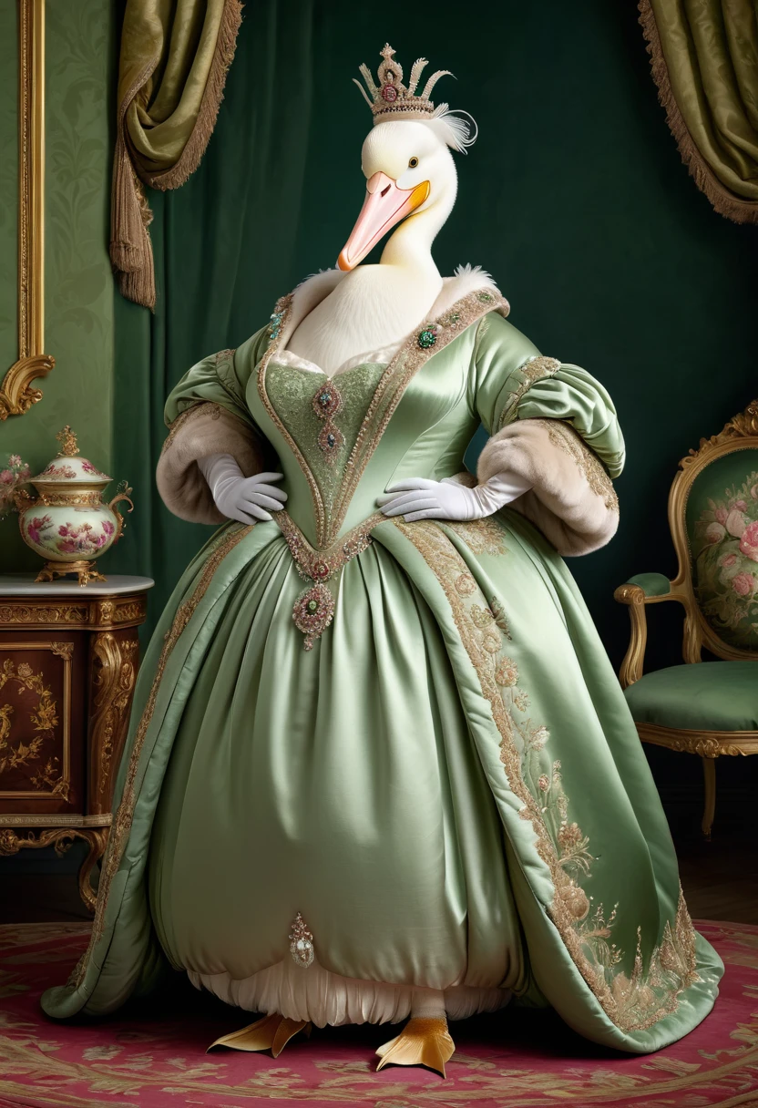 photorealistic portrait of Dressed animals - a ((fat)) (pelican) princess, (furry),(full body image:1.5),(elegant pose:1.5) Wearing luxury sack-back gown,(wearing luxury tiara),(hands on hips:1.5),(happy),(smile:1.5), Old-fashioned luxury loyal green dress, detailed and opulent description of a loyal aristocratic sack-back gown in Rococo , emphasizing luxurious fabrics, intricate embroidery, and ornate accessories, Rococo style king palace background,(looking at viewer:1.5),score_9, score_8_up, score_7_up, score_6_up, score_5_up, score_4_up,