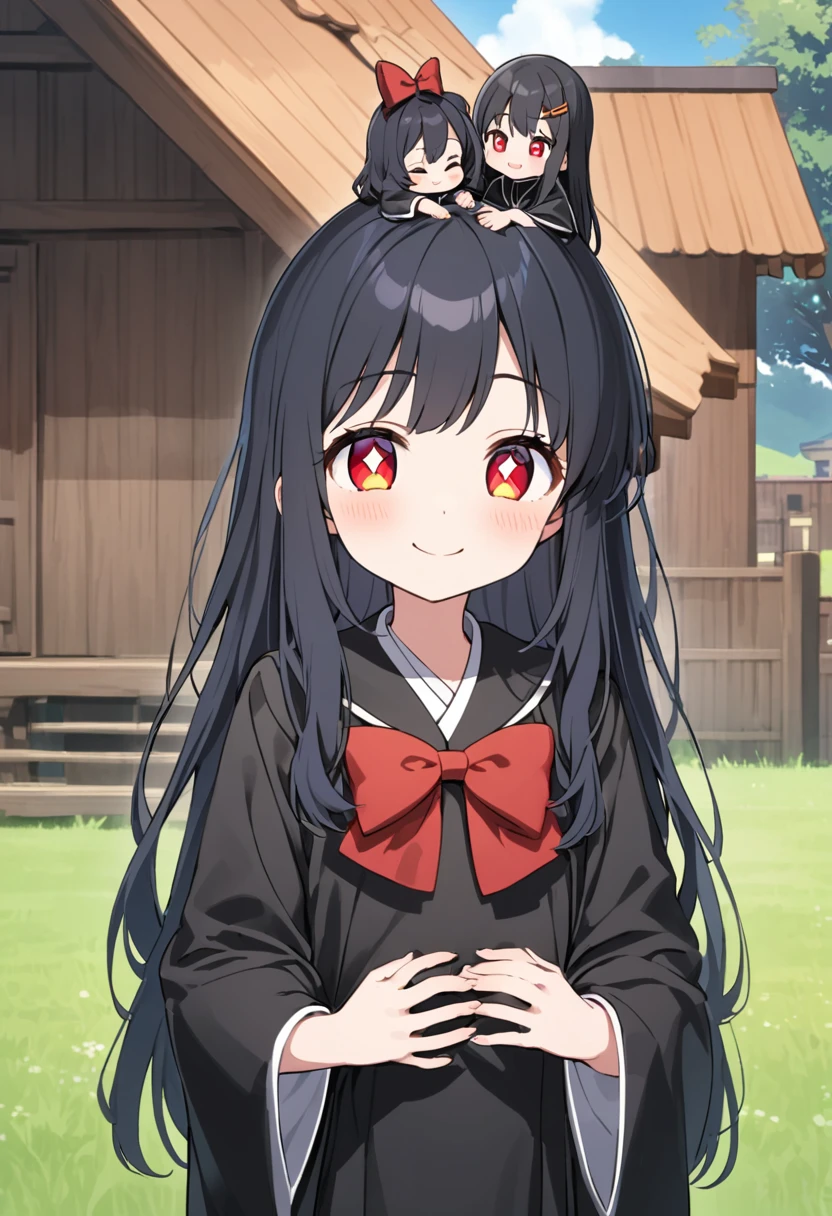 black hair,Long hair,Red bow on the head,Red pupils,Wearing black religious robes,Smile,little girl,flat chest,Holding girl comics in both hands,on the grass,Wooden house in the background,Look at the lens,cute