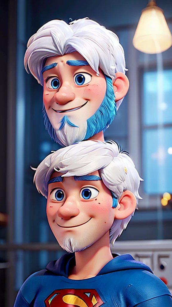 20 year old young man, white hair, closed beard, blue colored eyes, in the style of Disney Super Heroes pixer Superman