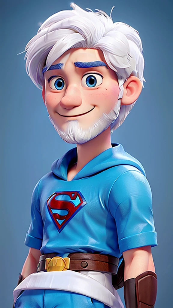 20 year old young man, white hair, closed beard, blue colored eyes, in the style of Disney Super Heroes pixer Superman