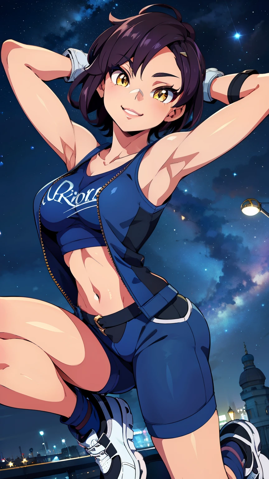 street dancer, short hair, brown hair, yellow glowing eyes, perfect lips,big smile , confident smile,cute expression, cute face, cute pose, fingerless gloves, gun, tank top, jacket, cute pose, ultra detailed face, long eyelashes, sharp eyes , Fullbody shot, dinamic viewer, night sky
