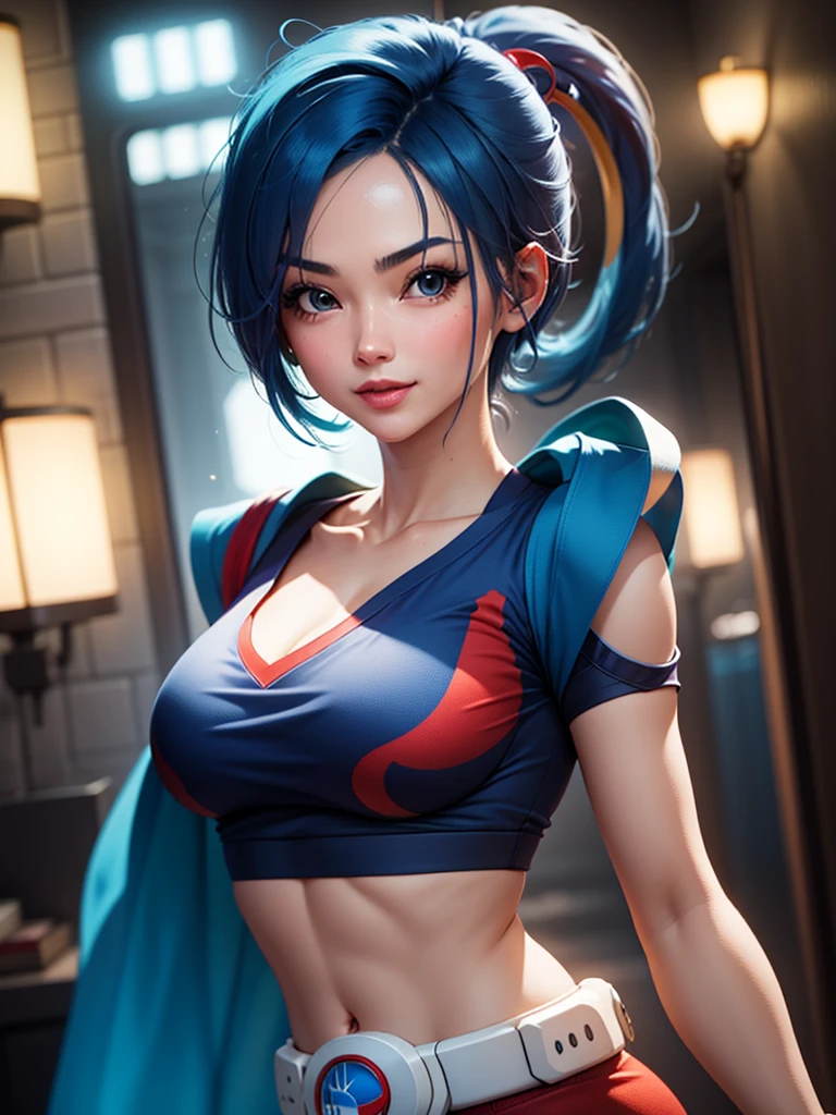 (at night), in a video game scene, a background of a beautiful city during the day, raining, standing at attention, semi-short blue hair, blue shirt on the chest, has the face of a smiling frog type logo, has a long scarf red, big belt around her waist, blue fingerless gloves, white exercise pants, googles on top of her head ((blue hair)), 1 girl, alone, 20 years old, young woman, perfect hands, beautiful fingers, beautiful long legs, beautiful body, beautiful nose, beautiful character design, perfect face, looking at the viewer with serious gesture (focusing on his face), closed mouth, Light_Smile, official art, extremely detailed CG unity 8k wallpaper, perfect lighting, bright and colorful front lighting, glowing skin (masterpiece: 1.0), (best_quality: 1.0), ultra-high resolution, 4K, ultra-detailed photography, 8K, HDR, high resolution, nonsense:1.2, Kodak portra 400, film grain, blurred background, bokeh:1.2, lens flare, (vibrant_color:1.2), professional photography, (Beautiful, breasts: 1.4), (beautiful_face: 1.5), (narrow waist),