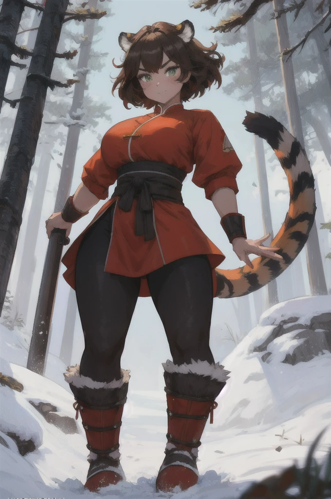 work of art, best qualityer, 1 girl, master Tigress, kung fu panda, shining skin, cinematic lighting, breasts big, looking ahead at viewer, Messy hair, tiger ears, tiger tail, dynamic pose, snowy forest at night, red chinese traditional clothes, white skirt, Brown boots, katana, standing alone,ssmile, blush, windy, greeneyes, short light brown hair, ultra detali, 8k, RTX, ambient occlusion, rim lighting, busy,
