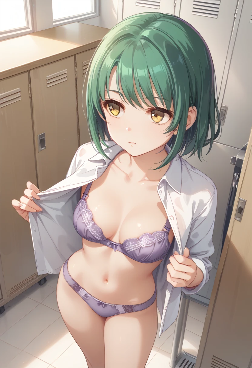 (((masterpiece) (((((Highest quality))))((high resolution))))), Very detailed, Ultra-realistic, )、、locker room、Open shirt、Purple Bra、Purple panties、Green Hair、、、Change of clothes、((Expressionless))、From above.stand、Look away.Yellow Eyes、((((Gaze Down))))、adult、Do not look at the front