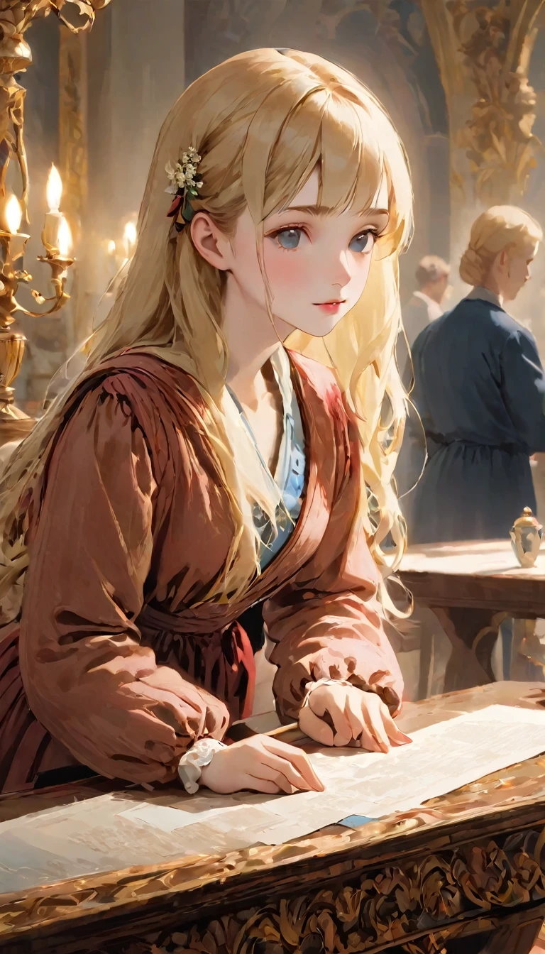 On the table, best quality, Very delicate and beautiful girl,Very delicate and beautiful, world masterpiece theater, Very detailed, Very detailed, best quality, Blonde Hair, high resolution, Very detailed,1 girl, best quality, shape, Looking at the audience, Material, canvas, Oil, realistic, Realist ,real,