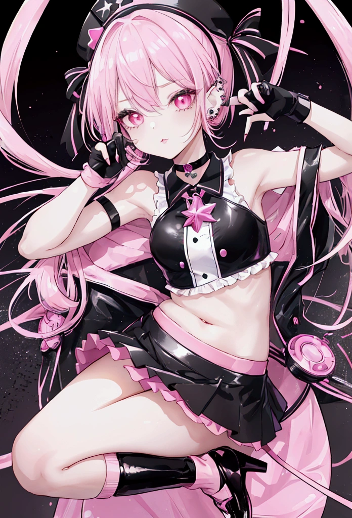 1 girl ((Popstar)) ((Idol)) light skin,long black hair with some pink lock, black cropped, black arm warner, black leg warmer, black skirt with pink details and pink layers, microphone in ear, piercings on the ear and lips, outlined, black transparent socks, choker on her leg arm and neck, black shoes, pink eyes with sharp pupil, black gloves