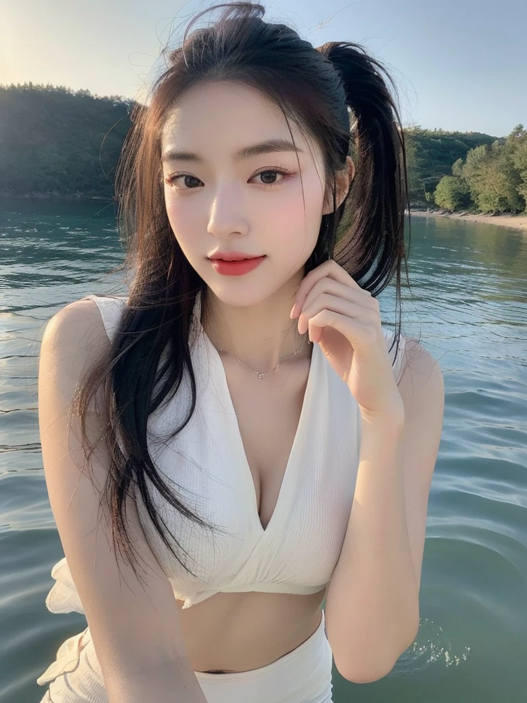 8k,high quality,photo,A Japanese and Korean girl in the beautiful sea in summer，Surfing while standing on a surfboard，graceful posture，Eyes facing the camera，Slim figure，Exquisite white and delicate skin texture，Tied with a refreshing ponytail，Makeup，The focus of the picture is to show that the girl has beautiful double eyelids and big eyes，Smoothly pointed chin，His expression looks very happy and enjoying it,The screen only shows the upper body,The hand posture and number of fingers conform to the logic of the real human body，portrait，The shooting lens is 3.5mm