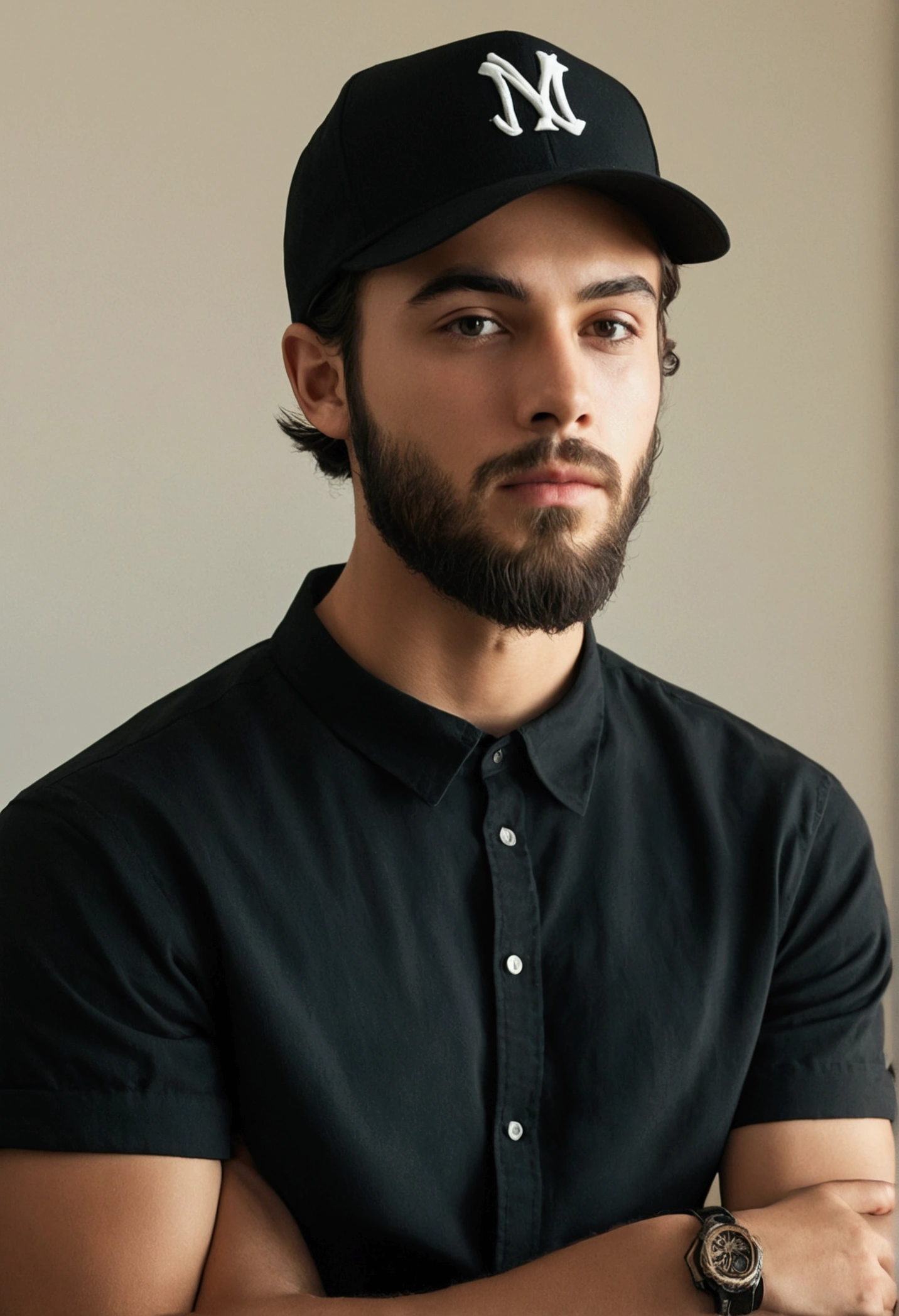 A 22 year old man, with low beard, black fitted shirt, super realistico, cinematic effect, shorth hair, crooked brim hat with a letter.