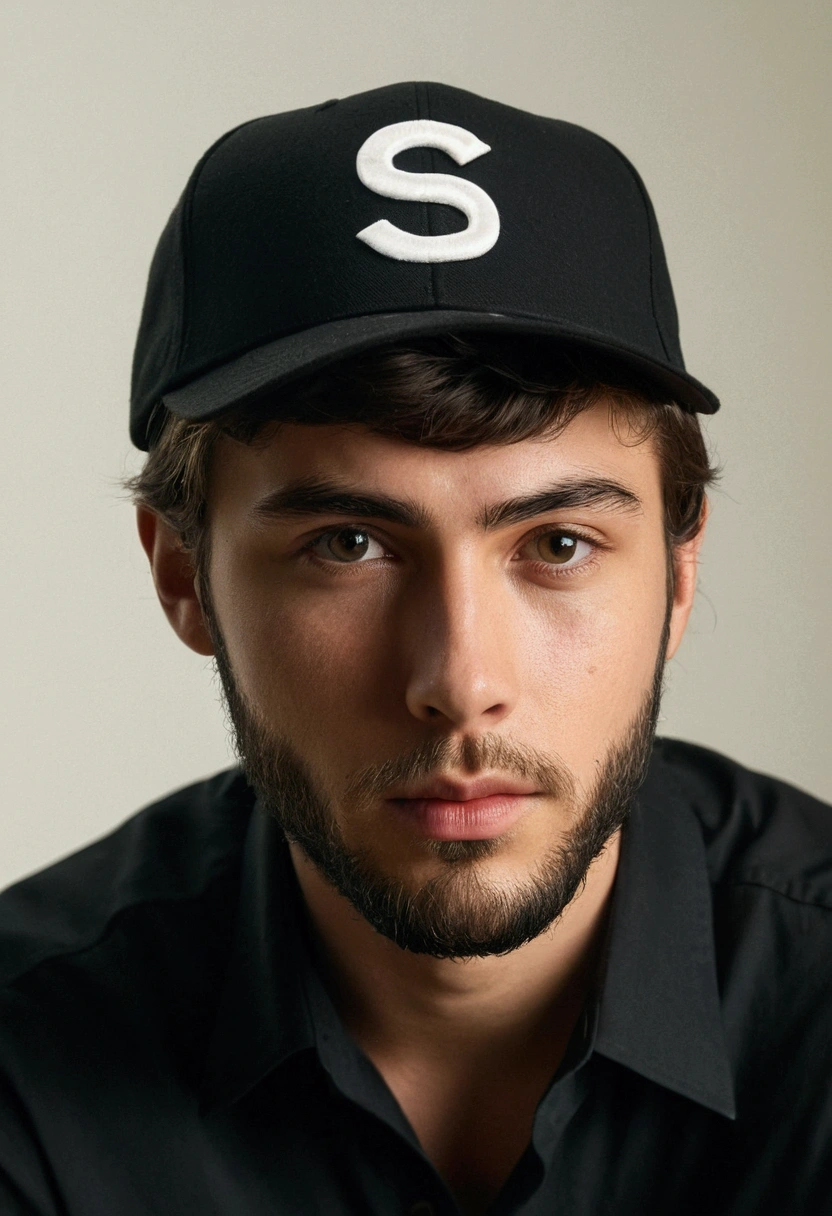 A 22 year old man, with low beard, black fitted shirt, super realistico, cinematic effect, shorth hair, crooked brim hat with a letter.