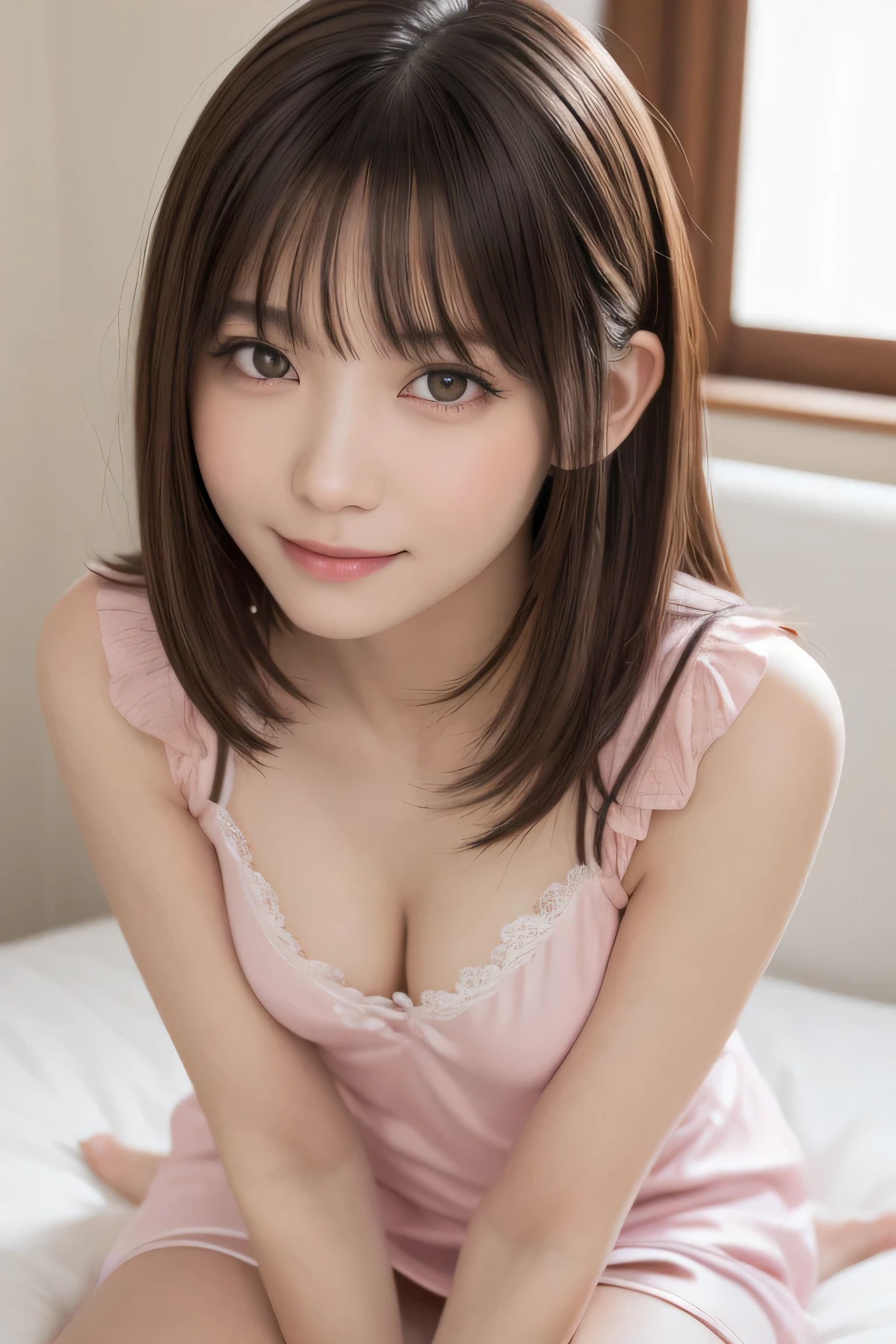 one girl, (a beauty girl, delicate girl:1.3), (:1.3),
break, (morning), (pink nightgown:1.3),
break, (bedroom), (leaning forward:1.5),
break, very fine eye definition, (symmetrical eyes:1.3),
break, small breasts, brown eyes, parted bangs, brown hair, girl,
break, (eyes and faces with detailed:1.0), (close up to face, zoom in face, face focus:1.0),
break, (masterpiece, best quality, ultra detailed, detailed face, 8k), Expressiveh,
a cute and sexy Japanese woman spread on a bed, (unbuttoned long pink nurse dress:1.4), shirtspread, bedroom with closed blinds, 1girl, looking at viewer, straight-on, long hair, black hair, detailed eyes, big round brown eyes, perfect face, smiling, long and slender body, fair skin, pale skin, medium breasts, long legs, perfect feet,
skindentation, dramatic angle, unique perspective, unique angle, wide angle, pink panties, (detailed), (masterpiece:1.4), (best quality), photorealistic, ultrarealistic, detailed hair texture, Perfect proportion, Beautiful Face, accurate, Anatomically correct, Highly detailed face and skin texture