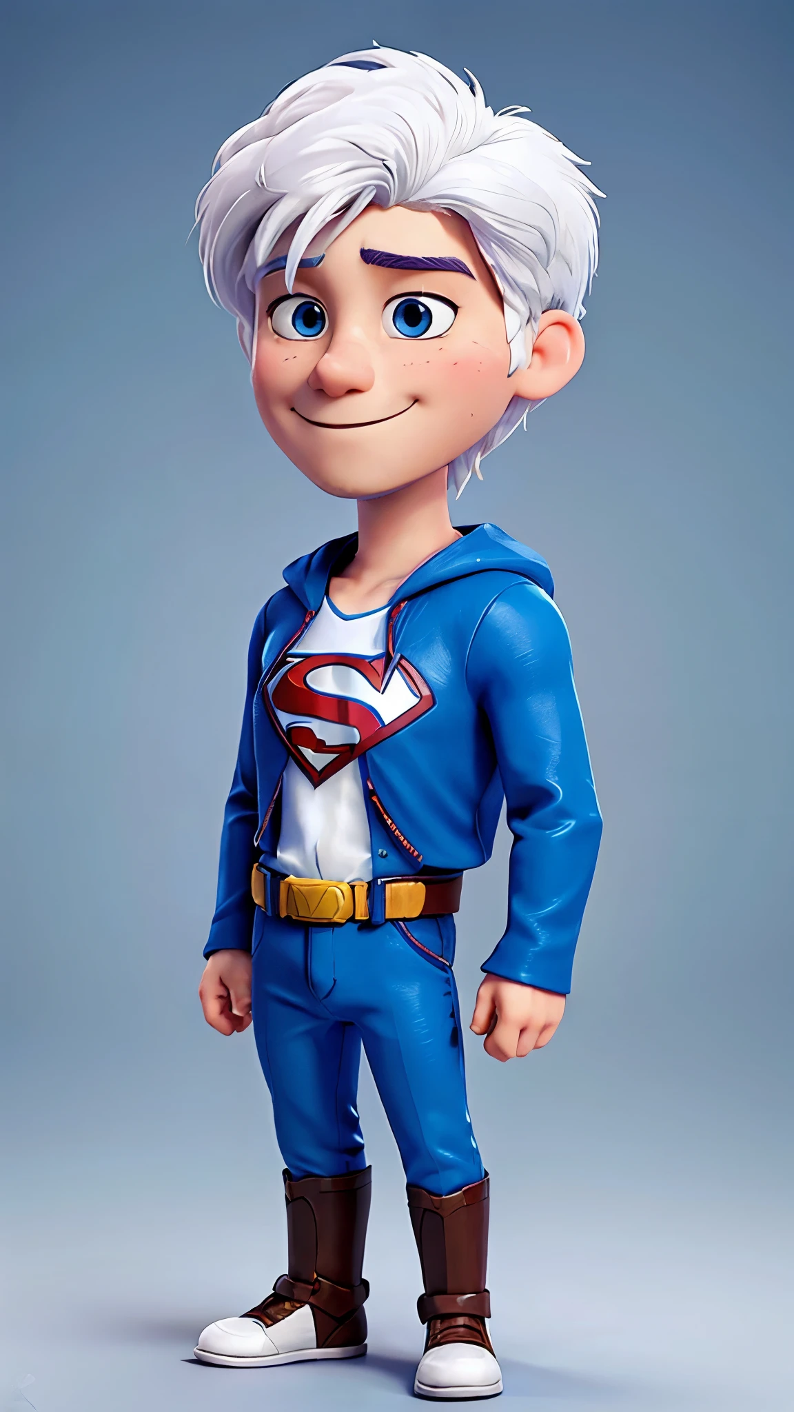 20 year old young man, white  hair, closed beard, blue colored eyes, in the style of Disney Super Heroes pixer Superman