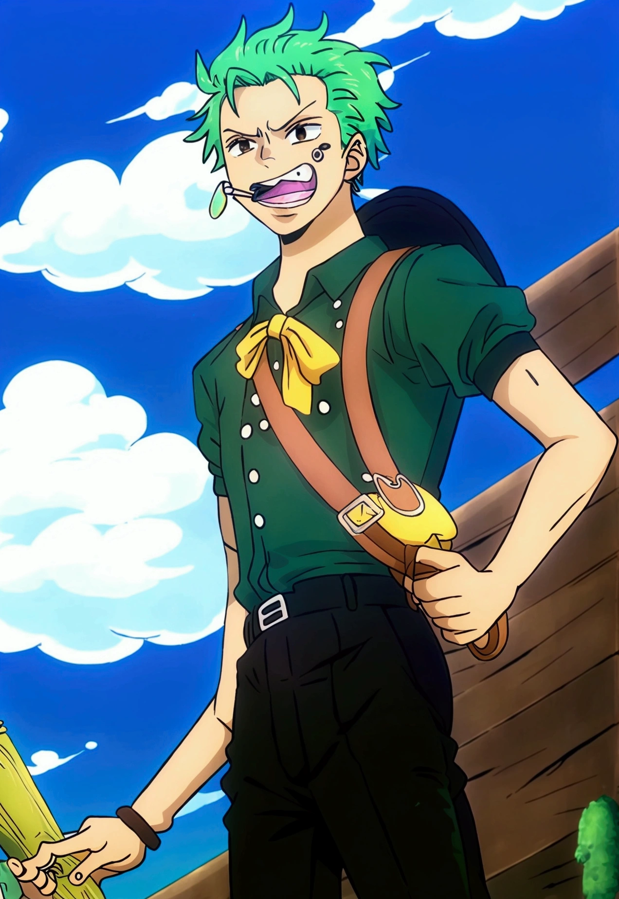 A  male teenager with a green jelly skin, brown eyes and a blue, green hair, wearing a green shirt wearing black straps, and black pants and a yellow bowtie.