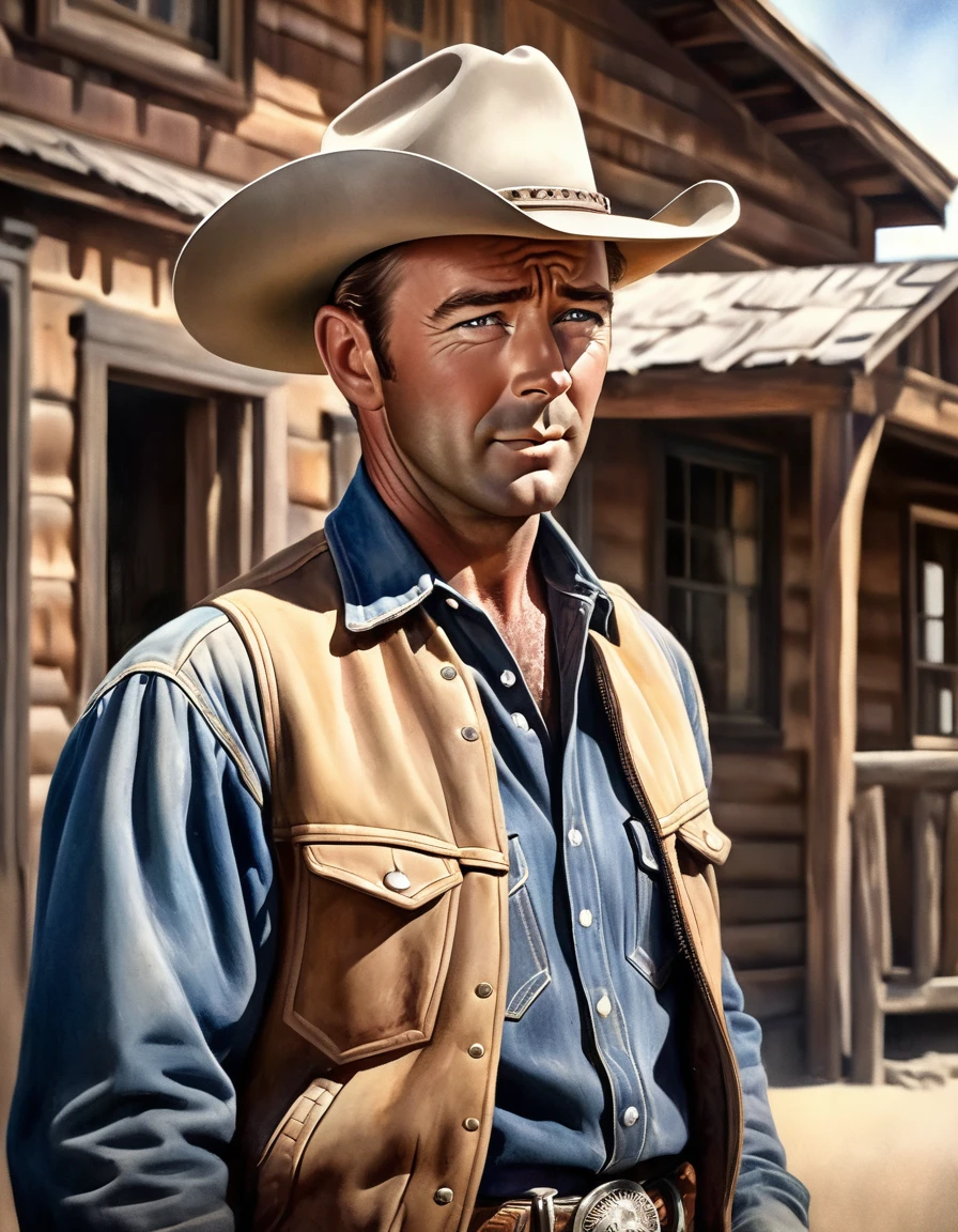 a rugged cowboy, detailed portrait of Alan Ladd as shane, handsome man with intense gaze, chiseled facial features, weathered skin, cowboy hat, leather gloves, jean jacket, western setting, dusty town, wooden buildings, horses, cinematic lighting, dramatic shadows, muted color palette, masterpiece, photorealistic, 8k, highly detailed, watercolor