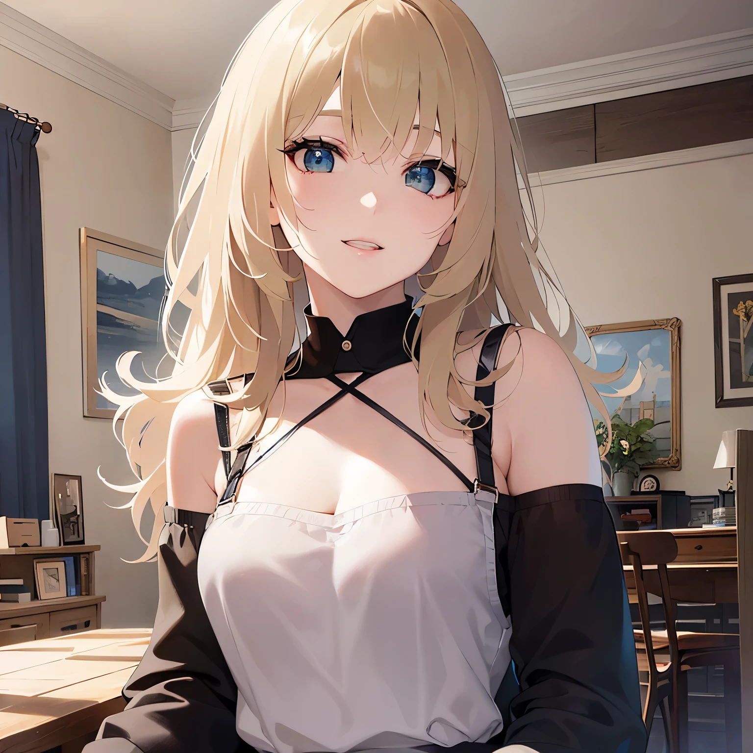 masterpiece, best quality, Very detailed, Facing the camera, Very detailed Very detailed, Practical, Sharp features, Very detailed, Be focused, Perfect face, Perfect face, Perfect eyes with perfect symmetry, Perfect plump lips, Flexible female form, , lamp, Very detailed, hyper Practical, masterpiece, atmosphere, high resolution, Energetic, 动态工作室lamp光, National Foundation, ((Dark background)), Sexy face, happy facial expression, Straight bangs, Large Breasts, Bare slot, blue eyes,Black Sweater,