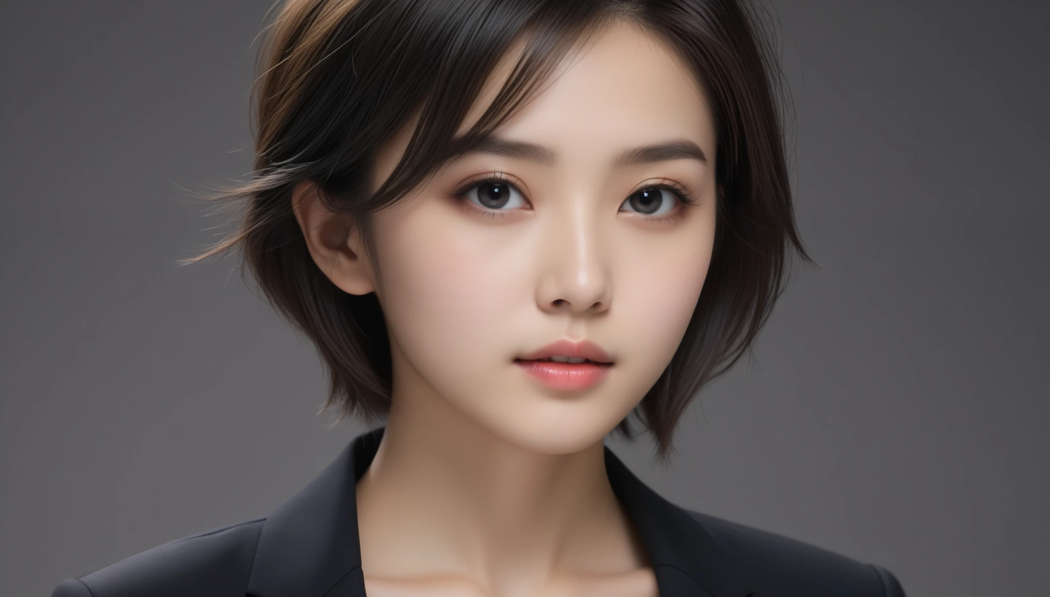 8k, Ultra-high resolution, Highest quality, masterpiece, 三分割法によるphotograph,Surreal, photograph, 1 Girl, (16 years old:1.3), pretty girl, Cute Face, Beautiful eyes in every detail, 細かくdetailedに,masterpiece,One Girl:1.2, Japan Female Announcer,upper body,from below,sad,streaming tears,Black short hair,Messy hair,(black suit:1.3),mourning clothes,(印象派の美しい少女のPortraiture), (Gray background:1.3),(Impressionist light and colour),Realistic Skin, Perfect and beautiful face ,完璧でCute Face, Skin with attention to detail, Perfect limbs、Narrow waist,Looking at the audience、beauty,Long neck,clavicle,(((Ideal body type))),A cup small breasts :2,Portraiture:2,Perfect Anatomy,鮮明なdetailed,detailed,Surreal,Light and shadow,underlighting