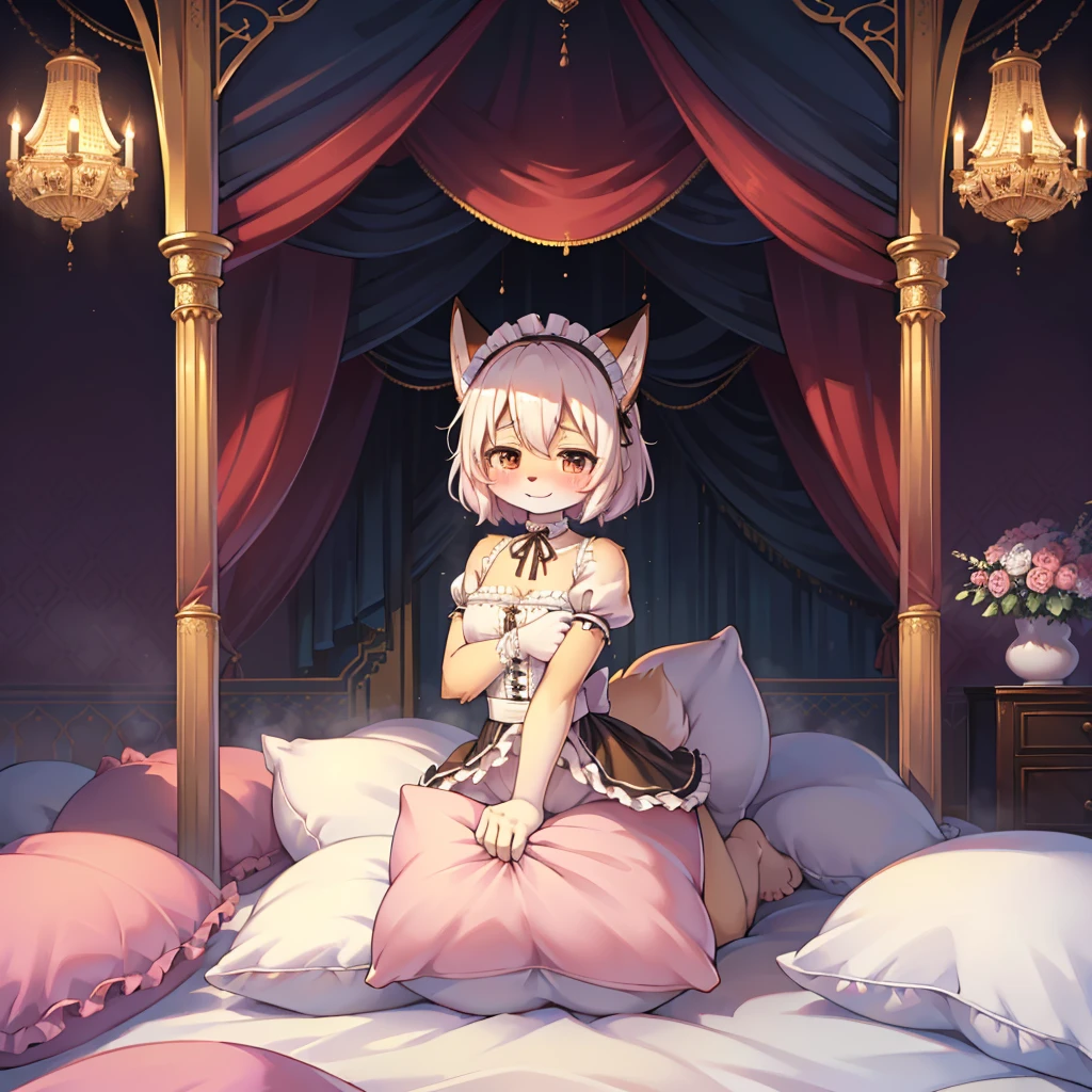 (masterpiece,best quality),mine, The Beast, , (Light and shadow suitable for any Pillow background)), Cute girl in maid costume posing on Pillow, Maid costume,White,nature,, (blush),a smile,Pillow,(Lots of Pillow),Soft cushion,(canopy bed),Soft pillow,(Pillow damage),Lots of Pillow,(Friction in the crotch),((Pillow Hump)),(Pillow Head),(A tail),,(Pink Pillow),(Around the protagonist),steam,(Pillow Head),(),(Luxury Pillow),(Palace Pillow Pattern Pillow),(palace),(Palace bedroom),(Gorgeous Pattern Pillow),Soft Pillow,,(Classical European style bedroom ),(excited,shy person,Lack of expressiveness,),pillow hump,Fox Girl,(Deluxe Rococo Canopy King Bed),Luxurious curtains with ornate ruffles and ribbons hang around the large bed.,((((The bed is piled with many Pillows)))),Quilt details,Detailed bed linen,Ruffled Bed Skirt,Deep Bed,Background with depth,((Pillow in detail)), ((((A Lot of Pillow)))),,,Detailed Soft Pillow,,((女孩正躺在许多Soft Pillow上,There are many Pillows around)),、 Long nightgown with ruffles and ribbons、In a huge, Large canopy bed、Soft sheets and quilts、Colorful soft Pillow、Lots of Ruffled Pillows and Ruffled Bed Skirts、Soft toned bed、Ruffled curtains around the bed.。Delicate face。